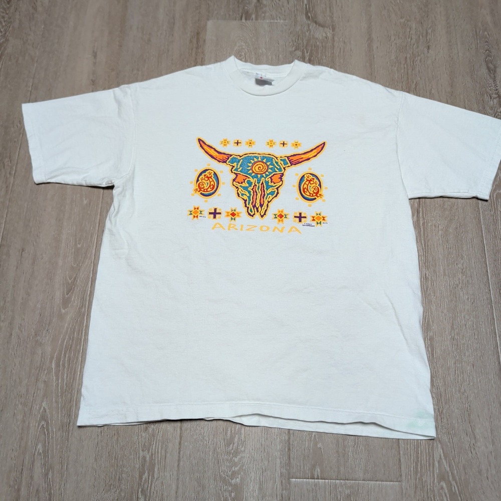 Vintage‎ 90s Tee Jays Arizona Steer Skull Puff Print T-Shirt Mens XL White USA